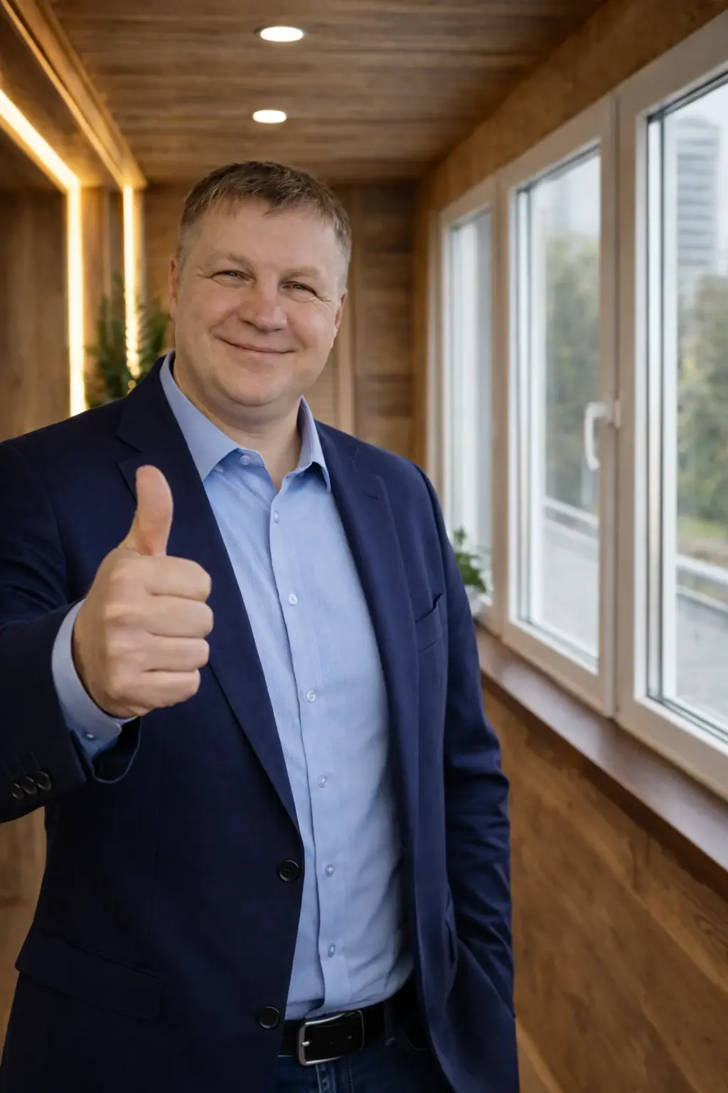 Андрей Онгри на балконе показывает большой палец вверх